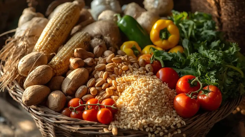 a basket full of sierra leone’s farm products cashew nuts, cassava, corn, rice, and vegetables, arranged beautifully, symbolizing food security and abundance. (2)