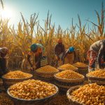 a golden cornfield in sierra leone, african farmers harvesting maize into woven baskets, bright sun, community farming scene, realistic and detailed photography. (1)