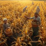 a golden cornfield in sierra leone, african farmers harvesting maize into woven baskets, bright sun, community farming scene, realistic and detailed photography. (2)