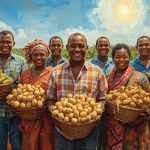 a group of smiling sierra leonean farmers standing together proudly in their farmland with baskets of cassava, corn, and cashews, symbolizing empowerment and unity. (1)