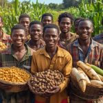 a group of smiling sierra leonean farmers standing together proudly in their farmland with baskets of cassava, corn, and cashews, symbolizing empowerment and unity. (2)