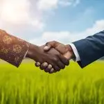 a powerful handshake between a sierra leonean farmer and an investor in a farmland setting, symbolizing partnership and economic growth, realistic professional photography. (1)