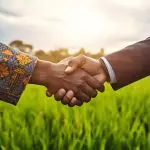 a powerful handshake between a sierra leonean farmer and an investor in a farmland setting, symbolizing partnership and economic growth, realistic professional photography.