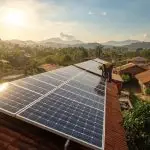 a solar energy installation in sierra leone, solar panels on village rooftops and farmland, african technicians inspecting the system, bright sunny day, realistic look.