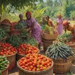 a women’s farming group in sierra leone harvesting tomatoes, peppers, and okra into colorful baskets, village farmland, traditional african clothing, realistic style. (1)