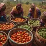 a women’s farming group in sierra leone harvesting tomatoes, peppers, and okra into colorful baskets, village farmland, traditional african clothing, realistic style. (2)