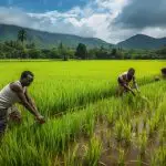 green rice paddies in sierra leone, young farmers planting rice by hand in water, tropical environment, mountains in the background, realistic rural african setting. (6)